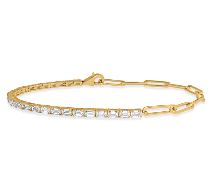 Ambrine Emerald Cut Diamond Tennis Bracelet With Paperclip Gold Chain