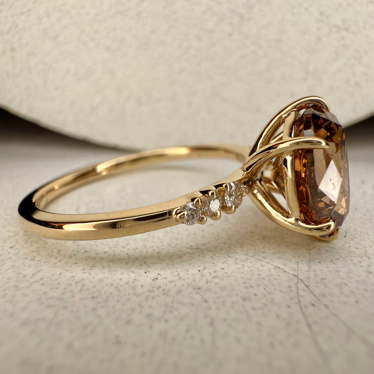 Andrea Natural Oval Old Mine Cut Champagne Diamond Engagement Ring (2.33ct) side view laying down