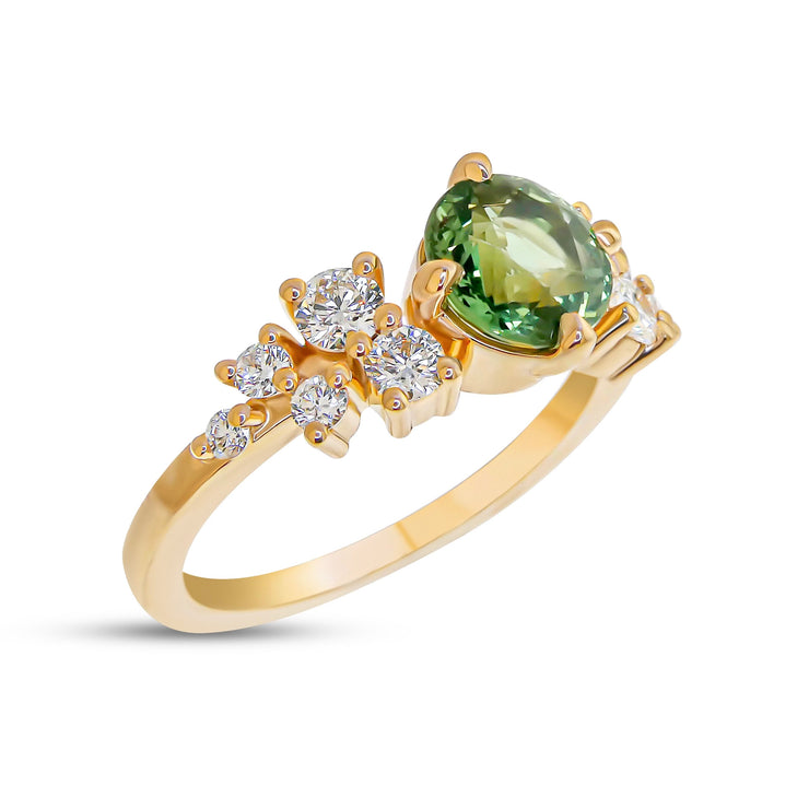 Sarai Natural 1.50 ct Green Sapphire Diamond Cluster Engagement Ring 3/4 View