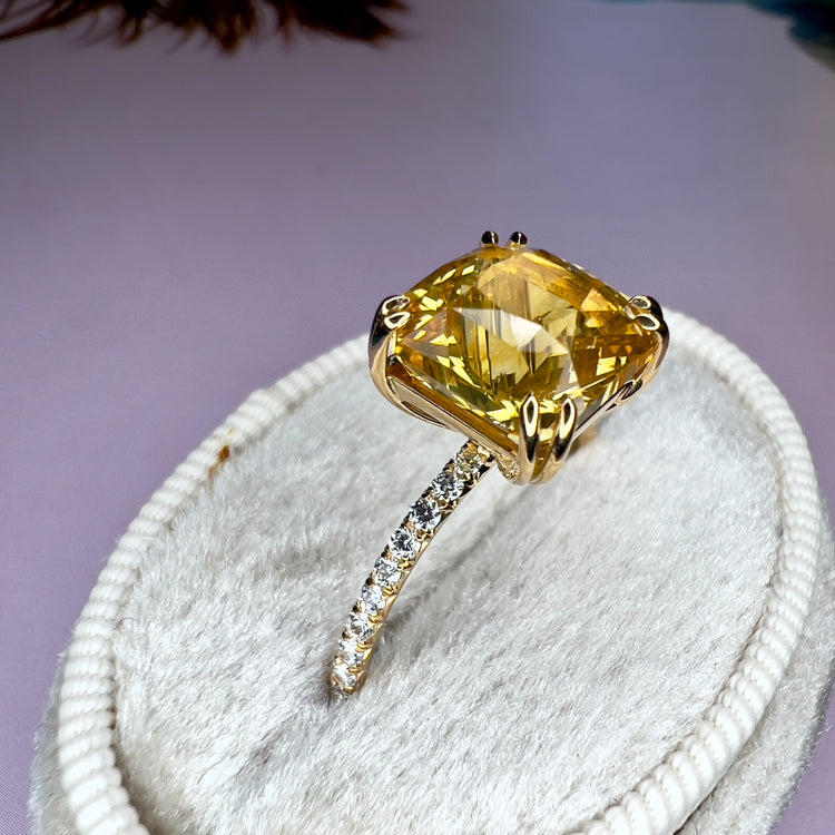 Amalia 4.61ct Natural Cushion Cut Yellow Sapphire Engagement Ring with Thin Diamond Band
