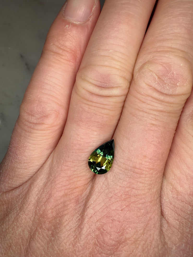 3.02 Carat Pear Shape Bi-color Green Sapphire