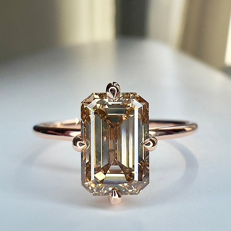 Sofia emerald cut champagne diamond engagement ring in 14k rose gold with hidden halo and ultra thin band