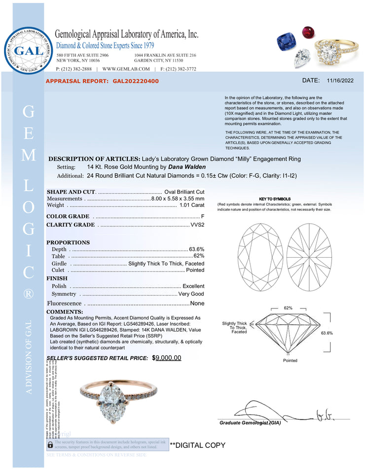 GAL Appraisal For the Milly lab grown oval diamond engagement ring.