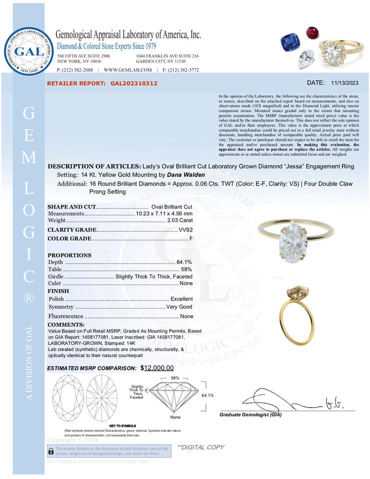 GAL Appraisal of the Jessa Delicate 2 Carat Lab Grown Oval Diamond Engagement Ring with Hidden Halo in Yellow Gold with double claw prongs - Designed for a wedding band to sit flush NYC 