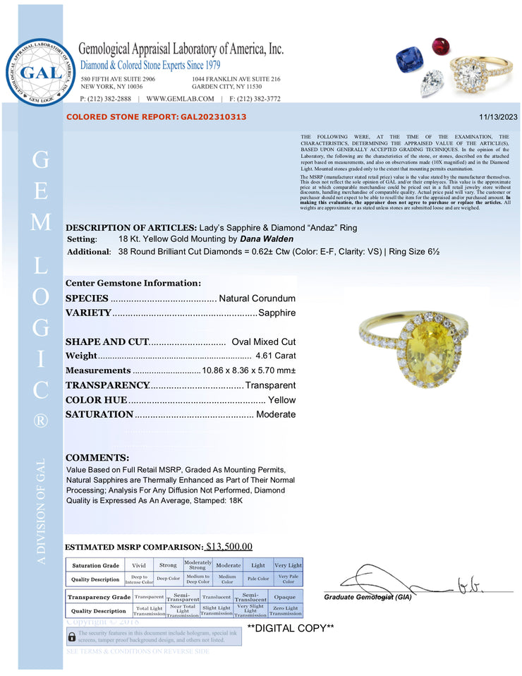 Natural Yellow Sapphire Halo Engagement Ring In Yellow Gold Appraisal NYC