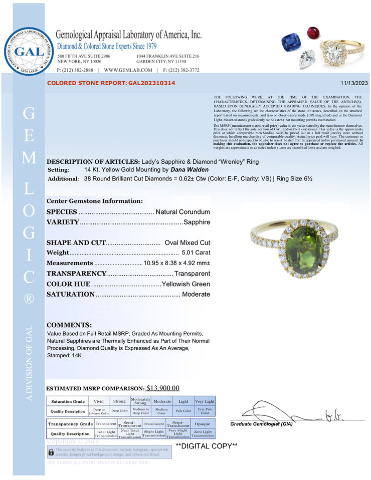 Natural Green Sapphire Engagement Ring - Diamond Halo in Yellow Gold - Appraisal NYC
