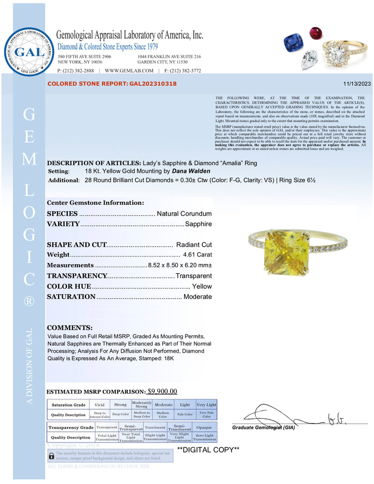 4.61 carat natural yellow sapphire engagement ring with diamond accents in yellow gold nyc - appraisal