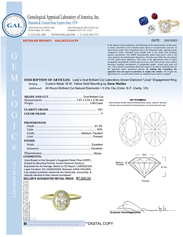 Delicate Halo Engagement Ring 18k Yellow Gold - 0.89 carat lab grown diamond - GAL Appraisal