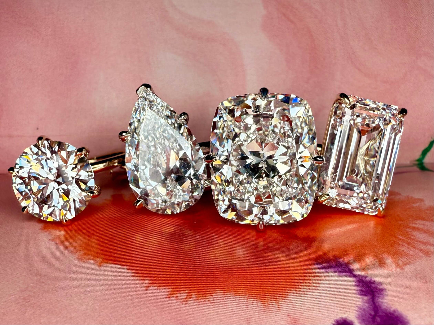 A selection of large lab grown diamond engagement rings. Each is one of a kind and all are over 5 carats. High Carat Diamond Rings