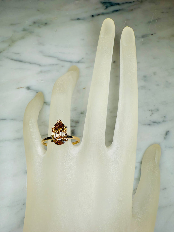 Margot Pear Shape Old Mine Cut  Champagne Diamond Engagement Ring -  (2.56ct) Shown On Finger