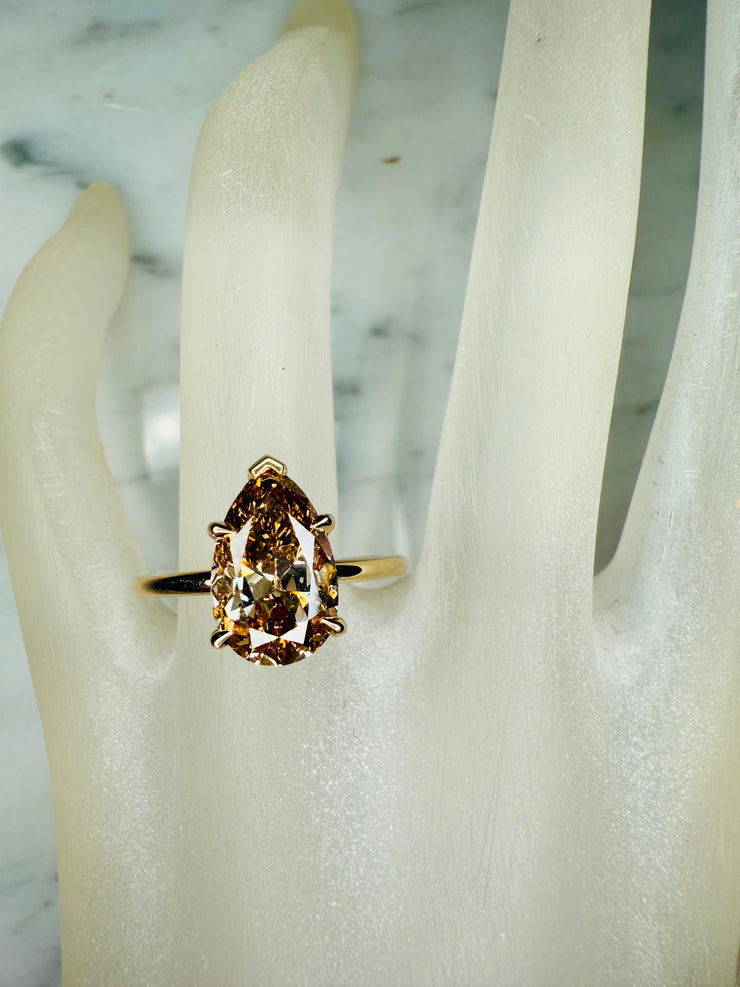 Margot Pear Shape Old Mine Cut  Champagne Diamond Engagement Ring -  (2.56ct) Shown On Finger Close Up