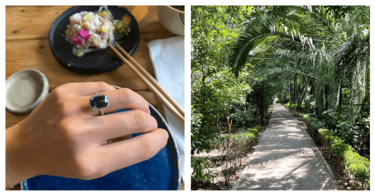 A unique cushion cut natural sapphire engagement ring in yellow gold for a surprise engagement