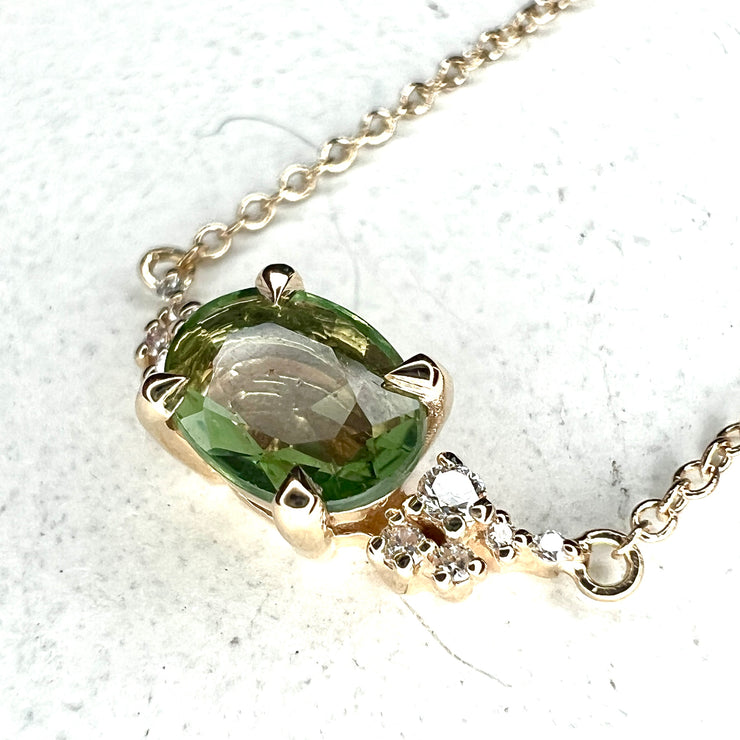 Sarai Natural Oval Green Sapphire & Diamond Layering Gold Necklace  Shown From Side
