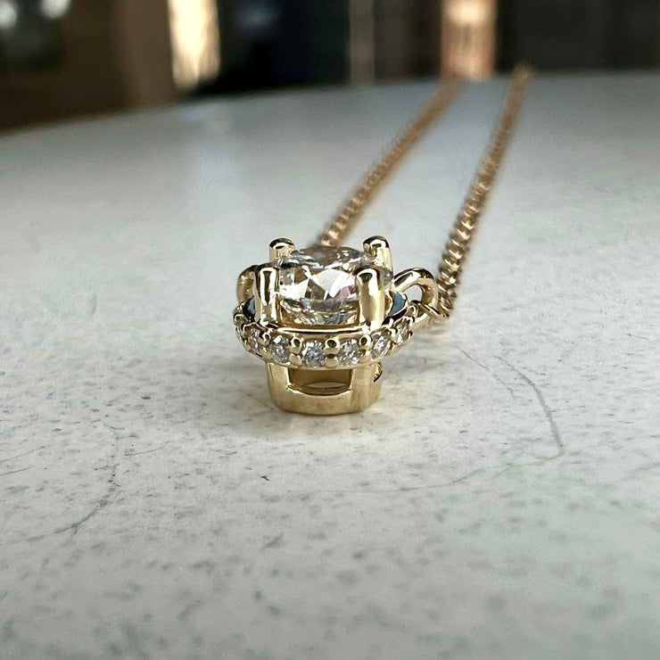Side View Morgana Diamond Solitaire Necklace With A Hidden Halo Diamond