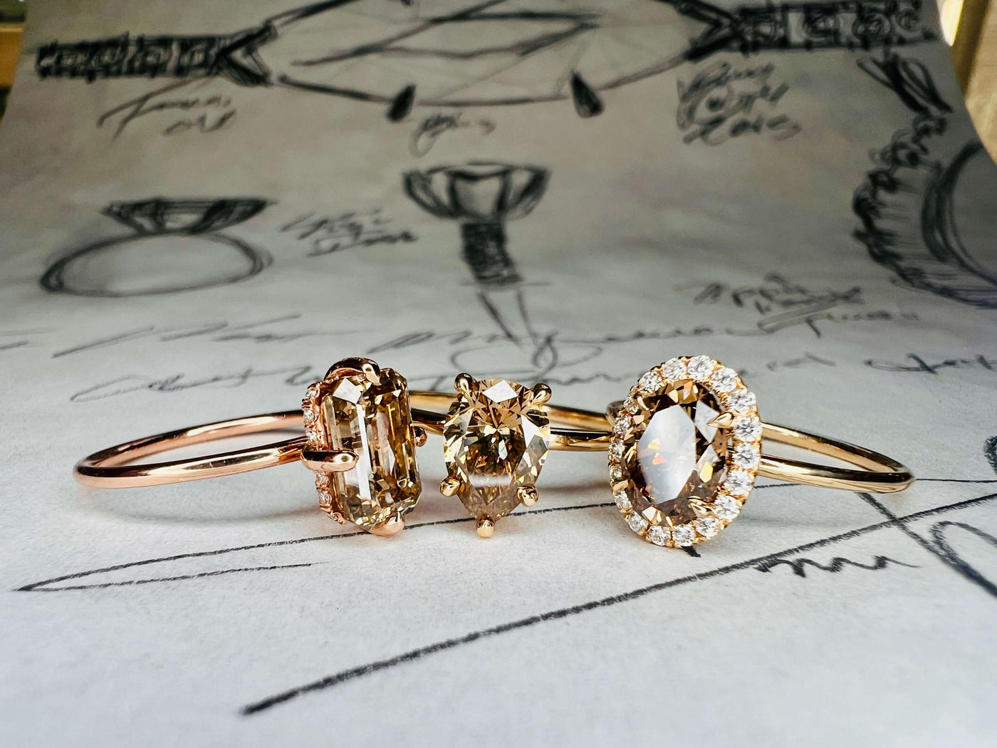 Oval, Pear Shape and Emerald Cut Natural Champagne Diamond Engagement Rings In Yellow gold - NYC - Dana Walden