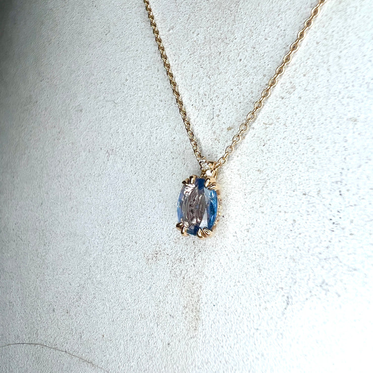 Victoria Natural Oval Blue Sapphire & Diamond Layering Gold Necklace Shown Worn