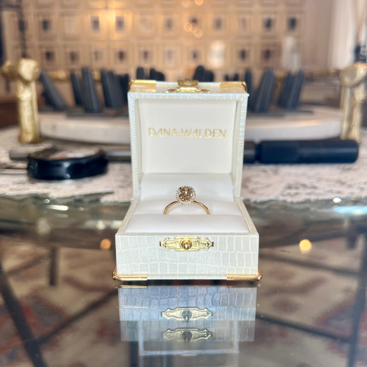 At the Dana Walden NYC showroom - Shown in Ring Box Emilia 1.12ct Natural Oval-Cut Champagne Diamond Halo Engagement Ring Eco-Friendly 14k Yellow Gold