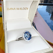 Shown In a Dana Walden Ring Box Della 3.24ct Natural Oval-Cut Light Blue Sapphire Halo Engagement Ring Eco-Friendly Platinum