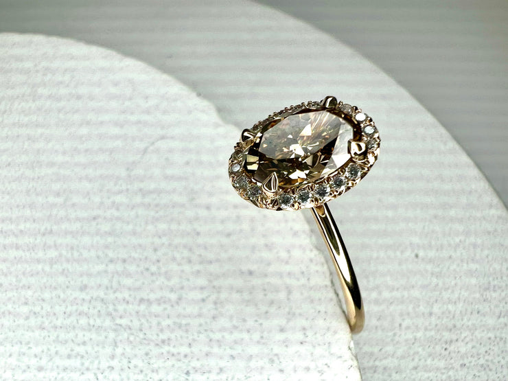 Emilia 1.12ct Natural Oval-Cut Champagne Diamond Halo Engagement Ring Eco-Friendly 14k Yellow Gold