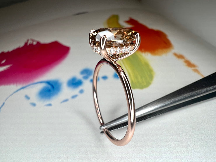 Alessia oval champagne diamond engagement ring in 14k rose gold setting with hidden halo and ultra thin dainty band