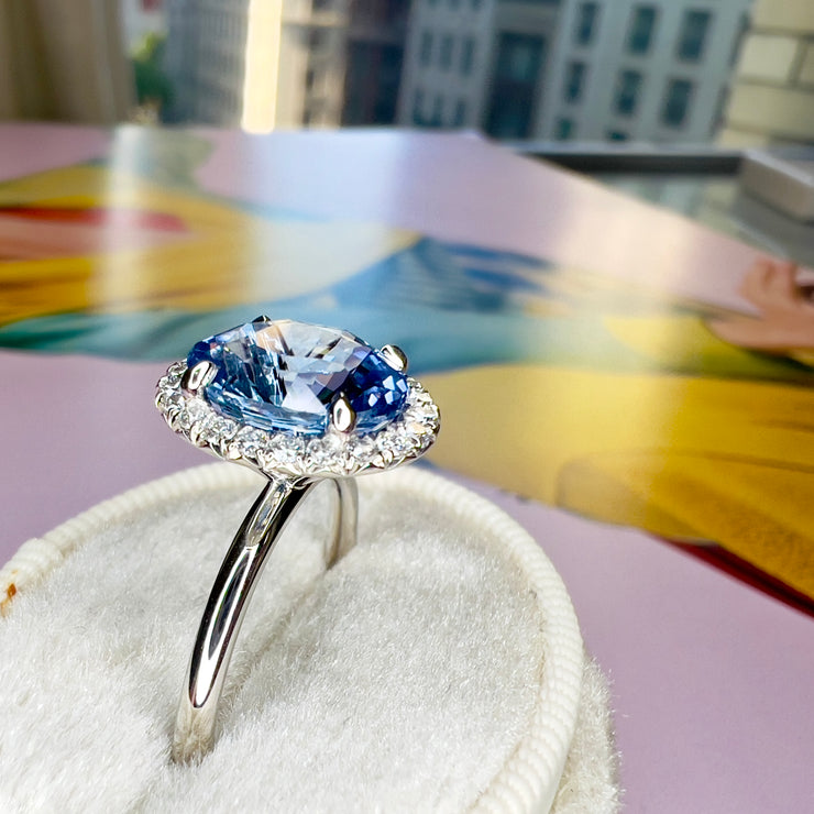 Large Aqua Blue Sapphire 3 Stone Ring Rose Gold Cushion Engagement Ring |  La More Design