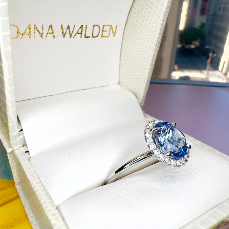 Dana Walden Ring Box - Della 3.24ct Natural Oval-Cut Light Blue Sapphire Halo Engagement Ring Eco-Friendly Platinum 