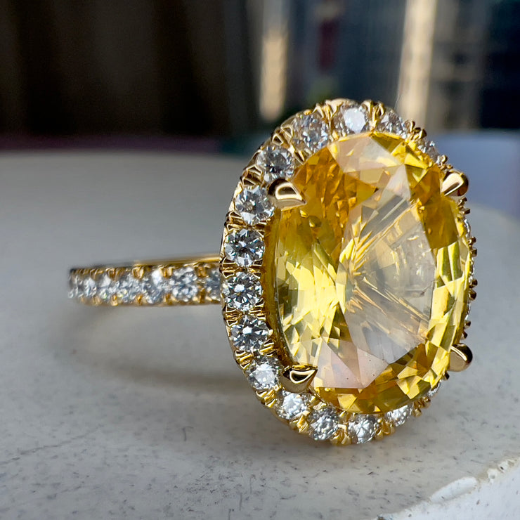 1.3 Carat No Heat Yellow Sapphire Engagement Ring w/ Diamond Halo 14K