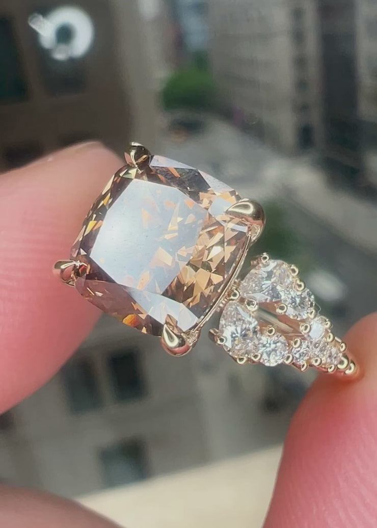 Angelique Cushion Cut Natural Champagne Diamond Engagement Ring (3.04ct) Video