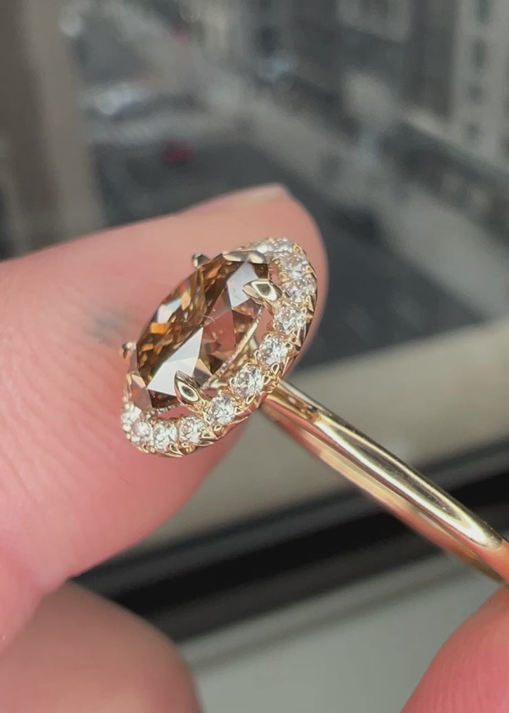 Video Of Natural Champagne Diamond Engagement Ring in Yellow Gold with a delicate diamond halo. 