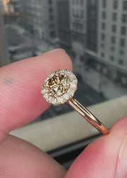 Champagne Diamond Engagement Ring.  Round center diamond with natural white diamond halo accent. Made in eco-friendly yellow gold video of the ring above 5th avenue NYC