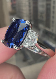 Unique Sapphire Alexandra lab sapphire engagement ring with half-moon, lunette diamonds. DANA WALDEN BRIDAL. Video