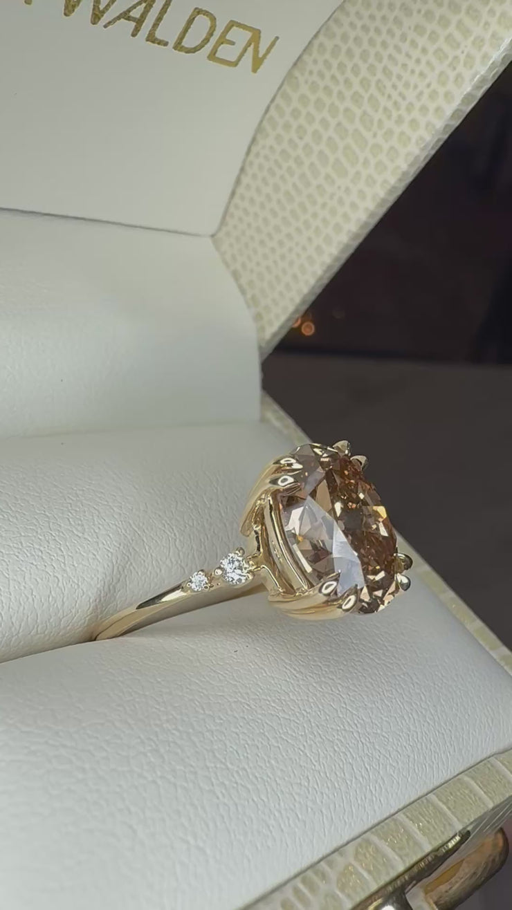 Reine Oval Old Mine Cut Natural Champagne Diamond Engagement Ring (4.07ct) Video In Ring Box