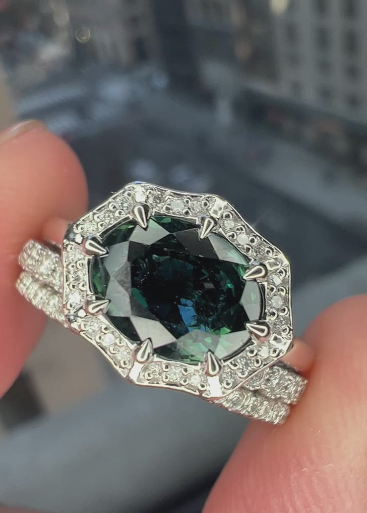 Video with stacking diamond bands sitting flush - Carlotta East-West 1.50ct Teal Sapphire Halo Engagement Ring