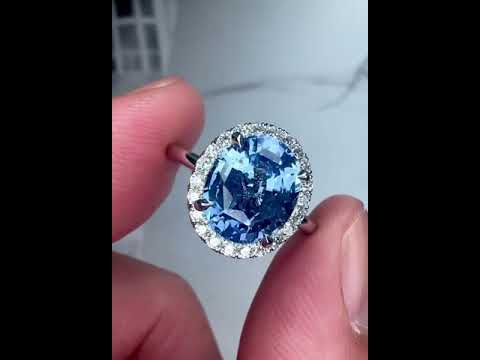 Video Of Della 3.24ct Natural Oval-Cut Light Blue Sapphire Halo Engagement Ring Eco-Friendly Platinum