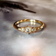 Minimalist rose cut diamond engagement ring- three stones. DANA WALDEN BRIDAL.