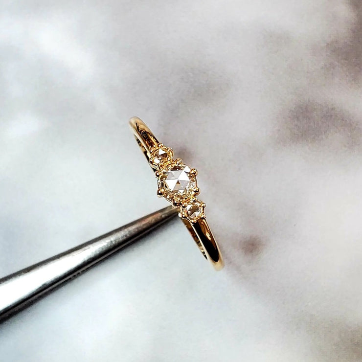 Top view- Minimalist rose cut diamond engagement ring- three stones. DANA WALDEN BRIDAL.