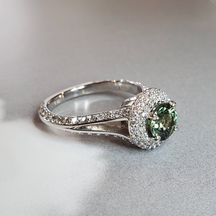 Green sapphire engagement ring with double halo and pave shank- Dana Walden Bridal