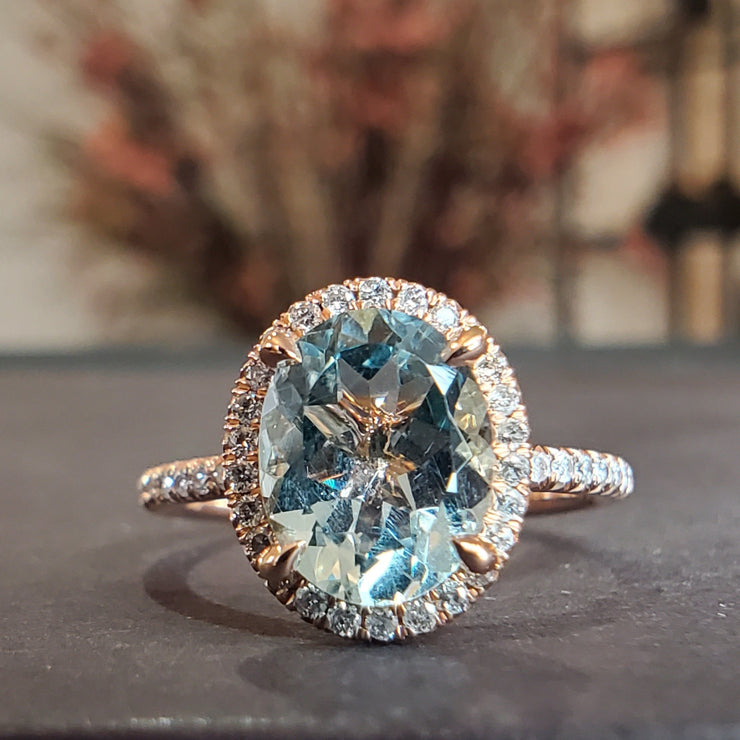aquamarine halo diamond engagement ring set in rose gold- DANA WALDEN BRIDAL.
