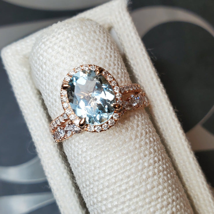 Arya aquamarine ring with diamond wreath rose gold band- DANA WALDEN BRIDAL.