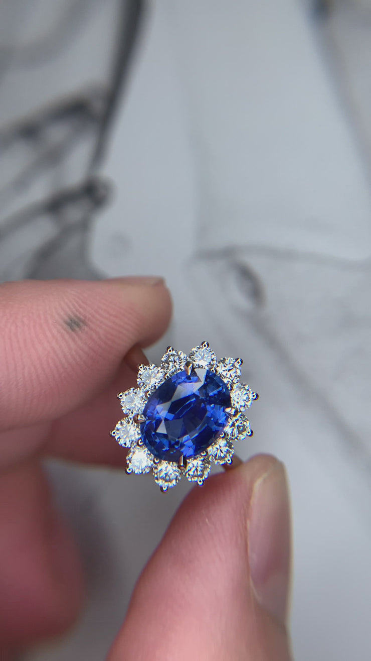 VIDEO: Princess Diana Kate Middleton Sapphire Diamond Halo engagement ring interpretation by DANA WALDEN.