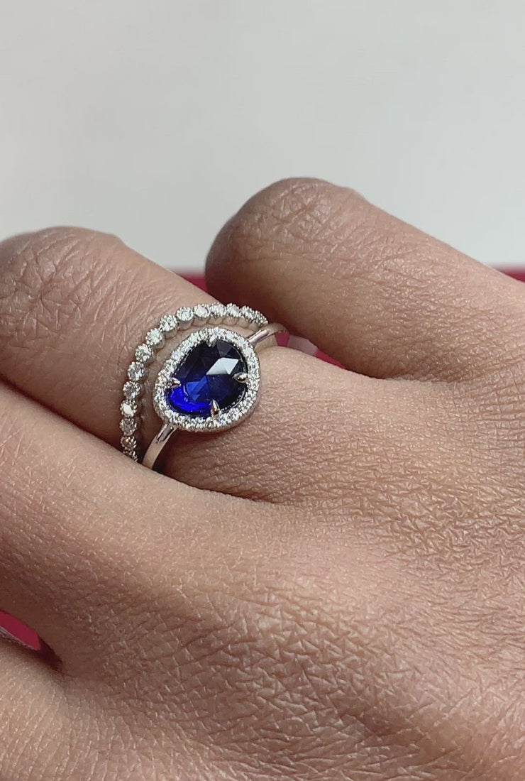 Video Unique Rose Cut Natural Sapphire Engagement Ring with Natural Diamond Halo