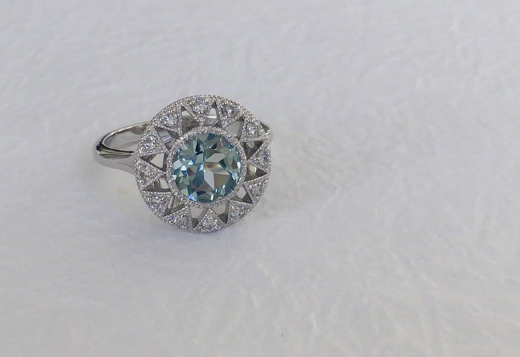 video of Art deco Unique art deco aquamarine engagement ring by DANA WALDEN BRIDAL in NYC.