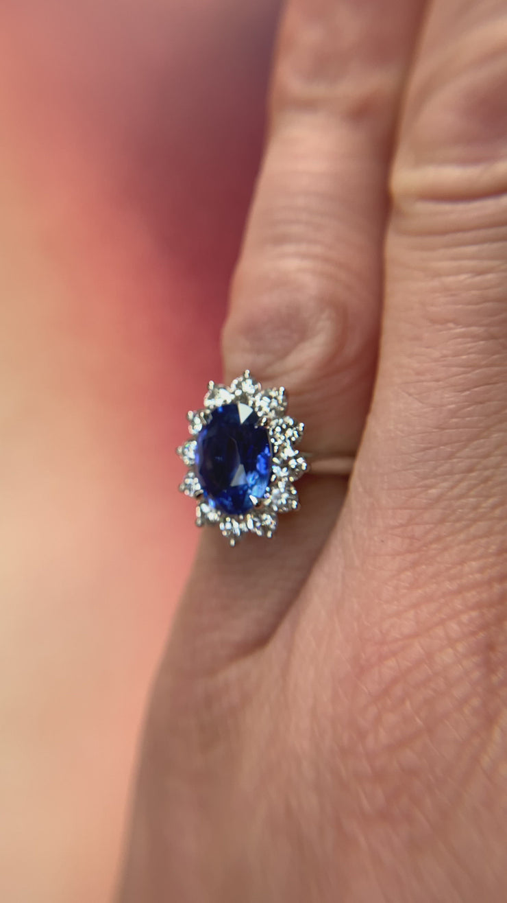 VIDEO: Princess Diana Kate Middleton Sapphire Diamond Halo engagement ring interpretation by DANA WALDEN.