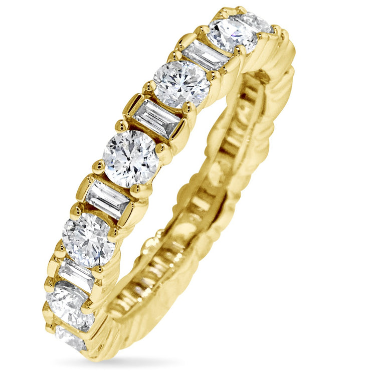 Eternity engagement band with prong-set round and baguette diamonds set in Yellow Gold. Handmade by Dana Walden Jewelry.