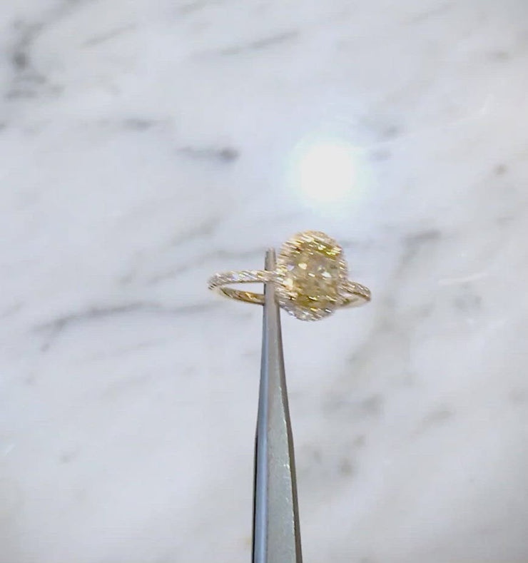 VIDEO Yellow diamond halo engagement ring set in yellow gold. DANA WALDEN BRIDAL. 