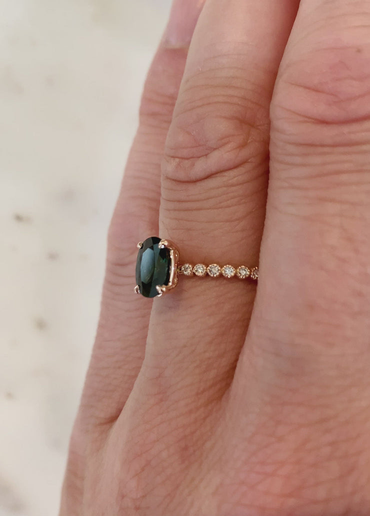 Video of the DANA WALDEN Anisa engagement ring with a teal sapphire. DANA WALDEN BRIDAL.
