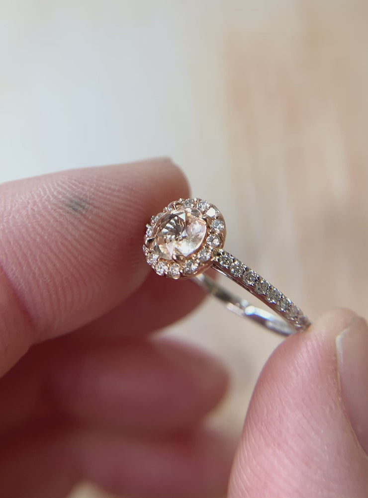 Video Poet 0.84ct Peach Sapphire & Diamond Halo Engagement Ring