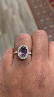 Video of Ophelia purple sapphire rign with diamond halo. Rad's hand. Dana Walden Bridal.