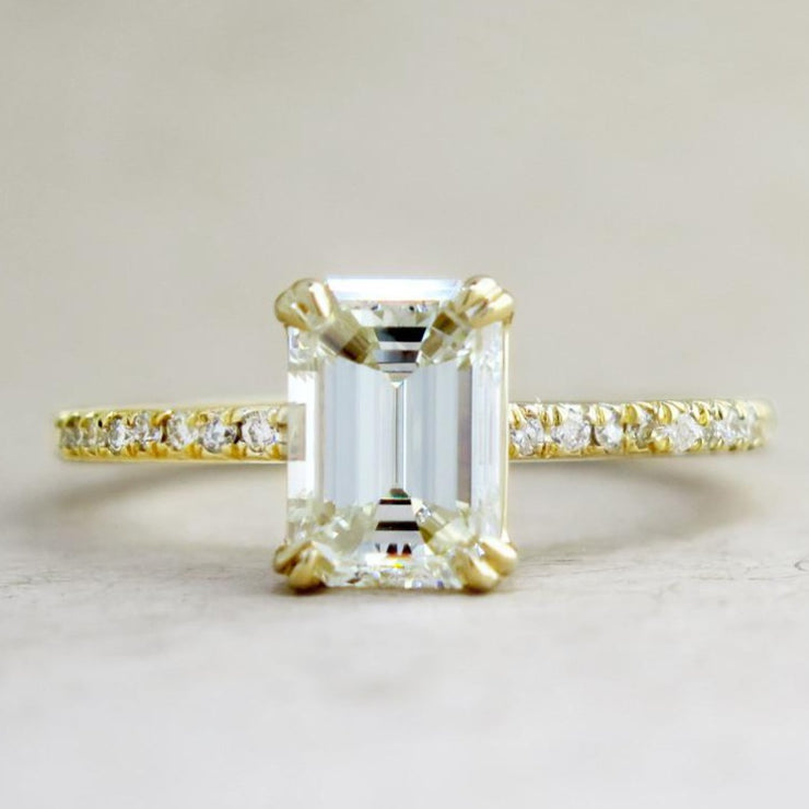 Alaia Unique Emerald Cut Diamond Engagement Ring - Ethical Ultra Thin Yellow Gold with Pave - Designed by Dana Chin and Radika Chin for Dana Walden Bridal - NYC