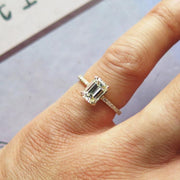 Alaia Unique Emerald Cut Diamond Engagement Ring - Ethical Ultra Thin Yellow Gold with Pave - Designed by Dana Chin and Radika Chin for Dana Walden Bridal - NYC - Hand View